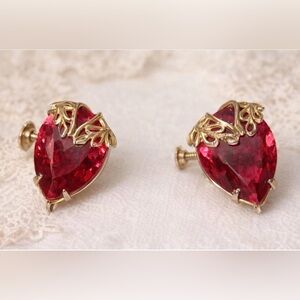 Vintage Coro Red Prong Set Gem With Filigree Screw Back Earrings